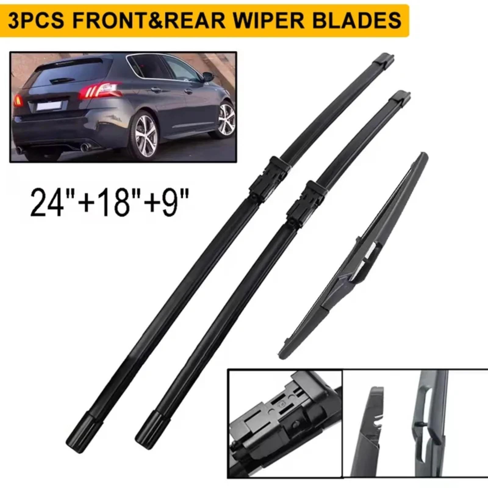 Auto Scheibenwischer Für Peugeot 308 T9 Hatchback 2014–2020 | Scheibenwischer-Set Für Vorne Und Hinten Ersatzblätter Für Fenster 24"+18"+9"