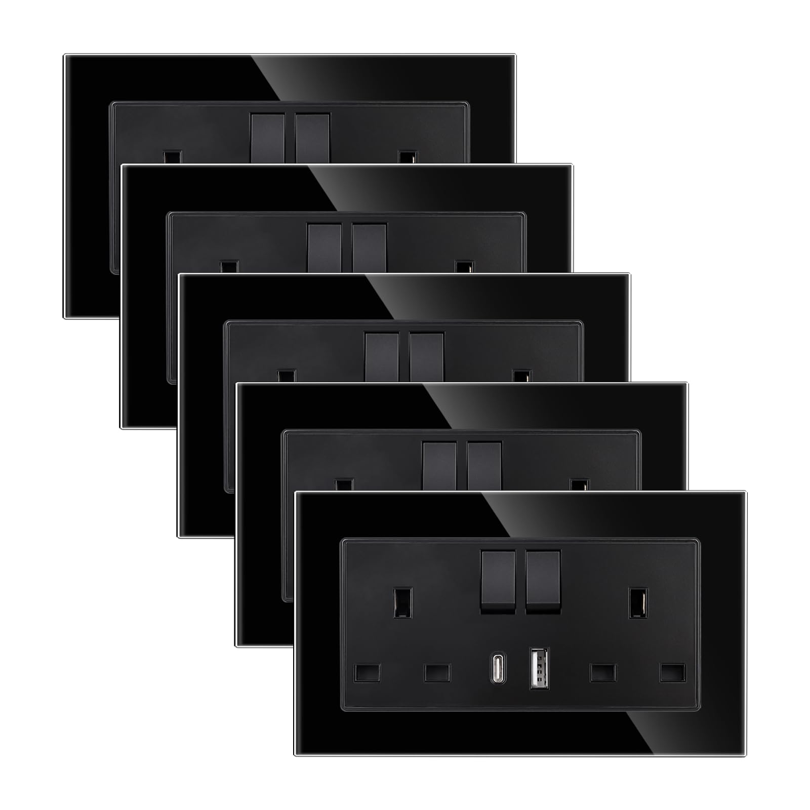 CNBINGO 5 Pack Double Socket with USB, Matt Black Plug Sockets with USB Glass Panel Wall Outlet Electric Socket