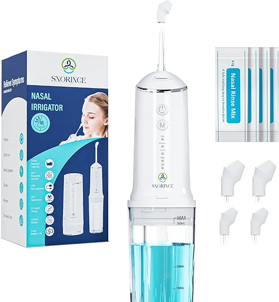 SNORINCE Nasal Irrigation System for Sinus Relief - Portable Cordless Electric Neti Pot Nose Cleaner - Sinus Flush Kit for Adults & Kids, Home & Travel with 4 Rinse Modes, 4 Nozzles, 30 Salt Packs