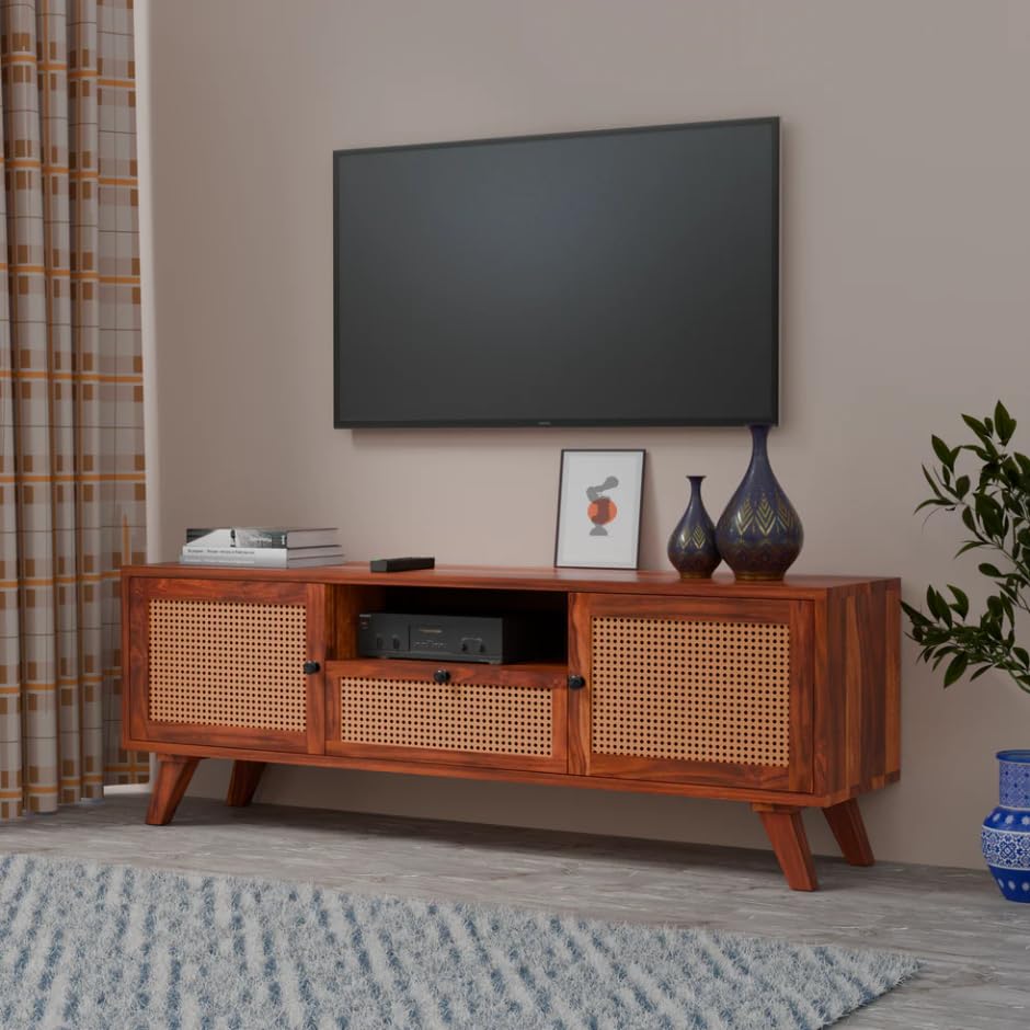 Image of Premium Solid Wood, 10 Minutes Assembly (Legs Only), Aesthetic Rattan Doors, Mid Century Entertainment Center for Living Room, TV Stand for 65 inch TV, Dark Chocolate (L-Lalai Fiinsh)