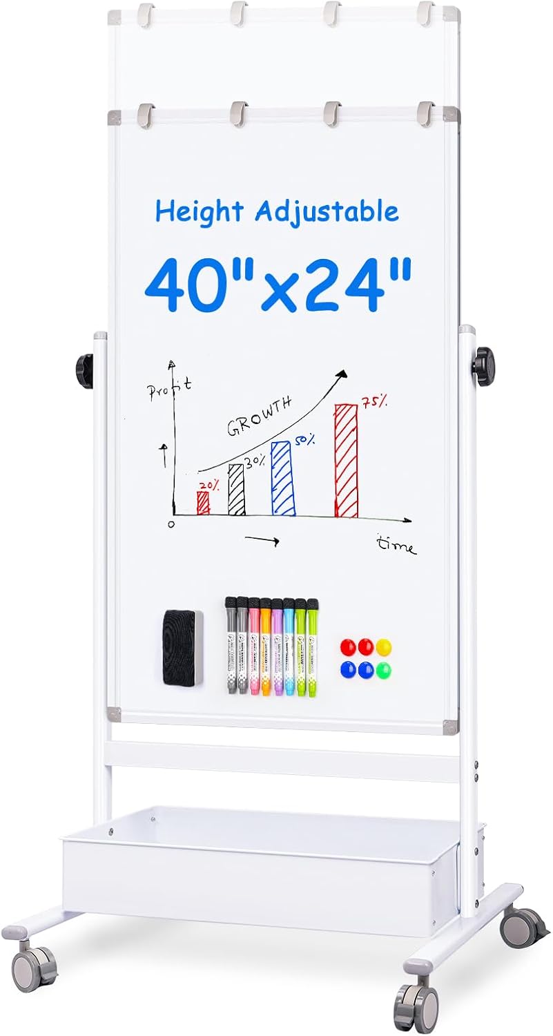 maxtek Mobile White Board Easel, 40x24 Inches Magnetic Storage Dry Erase Board Easel for Classroom, Rolling Height Adjustable Stand on Wheels for Home, School, Teachers & Kids