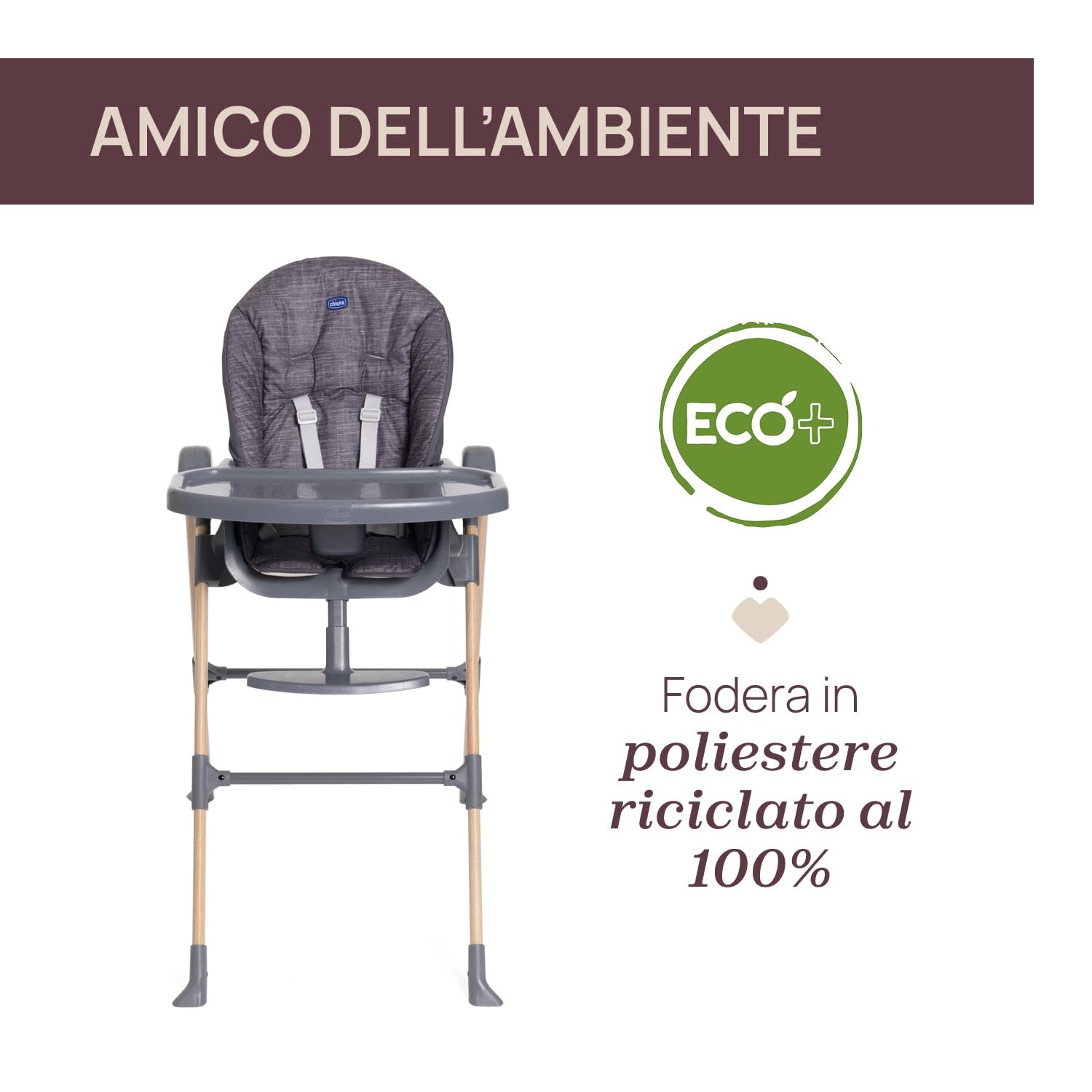 Chicco Polly Essential Seggiolone Pappa Evolutivo per Bambini da 0 Mesi a 15 KG, Reclinabile in 3 posizioni, 7 Livelli di altezza, Chiusura Compatta, Tessuto in poliestere riciclato, Grigio Scuro