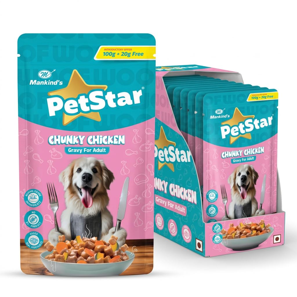 PETSTAR Mankind Adult Wet Dog Food (High Protein) Chunky Chicken Gravy, 120 G (Pack of 15) | Made with Real Chicken & Veggies |No Artificial Flavors