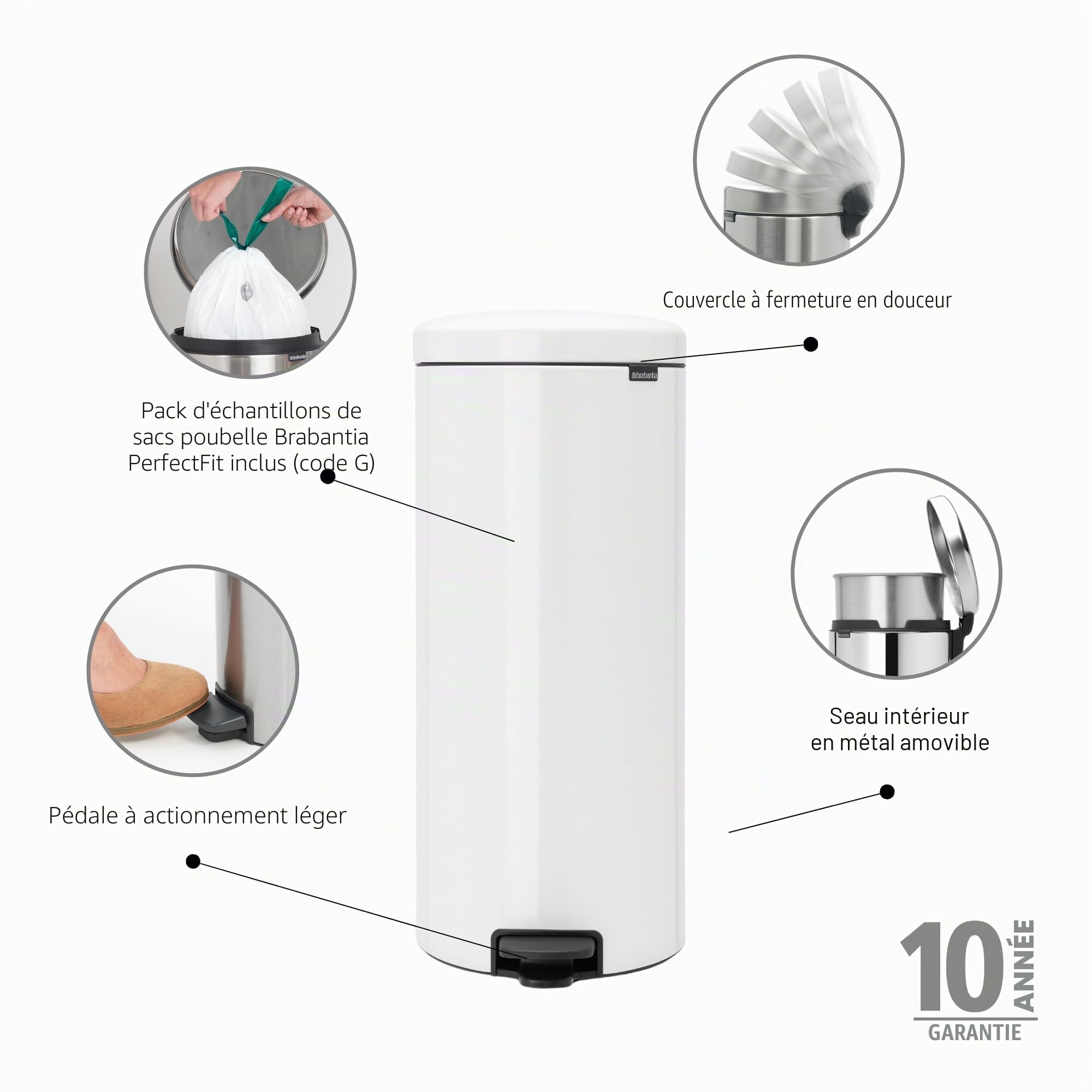 Brabantia 114748 New Icon Poubelle à Pédale Acier Inoxydable Blanc 30 x 34 x 67,5 cm 30 L