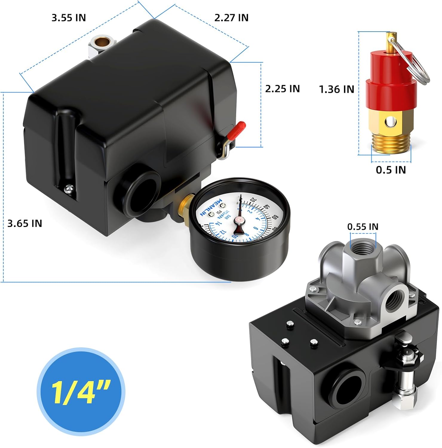 MEANLIN MEASURE Air Compressor Pressure Switch Control Valve 110-150 PSI 110V-240V 4-way Replacement Parts With 0-200 Pressure gauge and Safety Pressure Relief Valve
