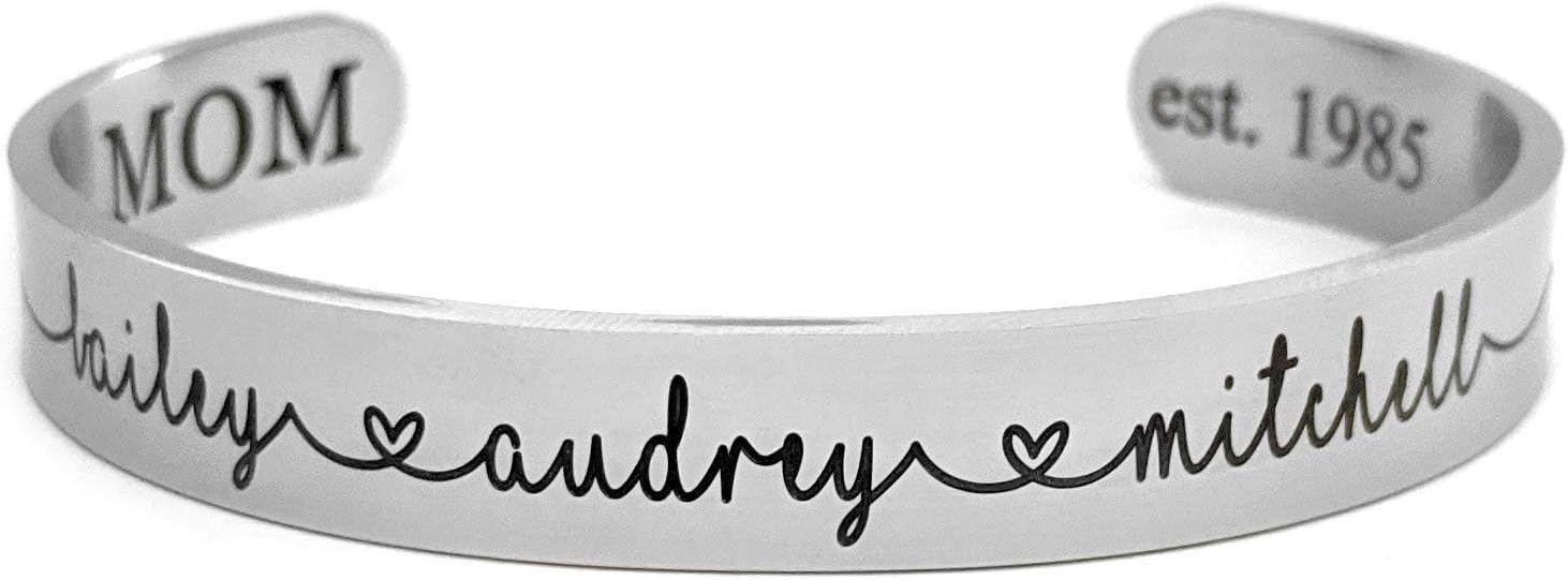 Personalized Name Bracelet for Women – Custom Engraved Stainless Steel Bracelet for Mom, Grandma, Sister or Friend – Double-Sided Engraving – Silver, Gold, or Rose Gold Keepsake Gift