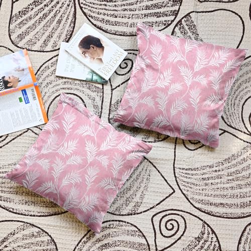 Image of Divine Casa Cushion Covers Set of 5 Light Pink | 16x16 Inch Jacquard Sofa Cushion Covers | Decorative Leaf Pattern Throw Pillow Covers for Kids Room & Living Room