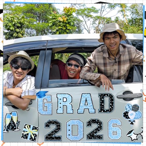 Image of Landhoow 30 Pcs Graduation Car Magnets 2026 Senior Graduation Car Decoration Bumper Sticker Congrats Grad Magnet Magnetic Refrigerator Decal for Grad Parade Party Supplies(Light Blue, Black)