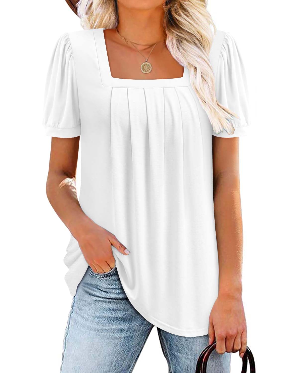 BETTE BOUTIK Womens Summer Tops Short Sleeve Pleated Square Neck Tunics Shirts Blouses S-3XL