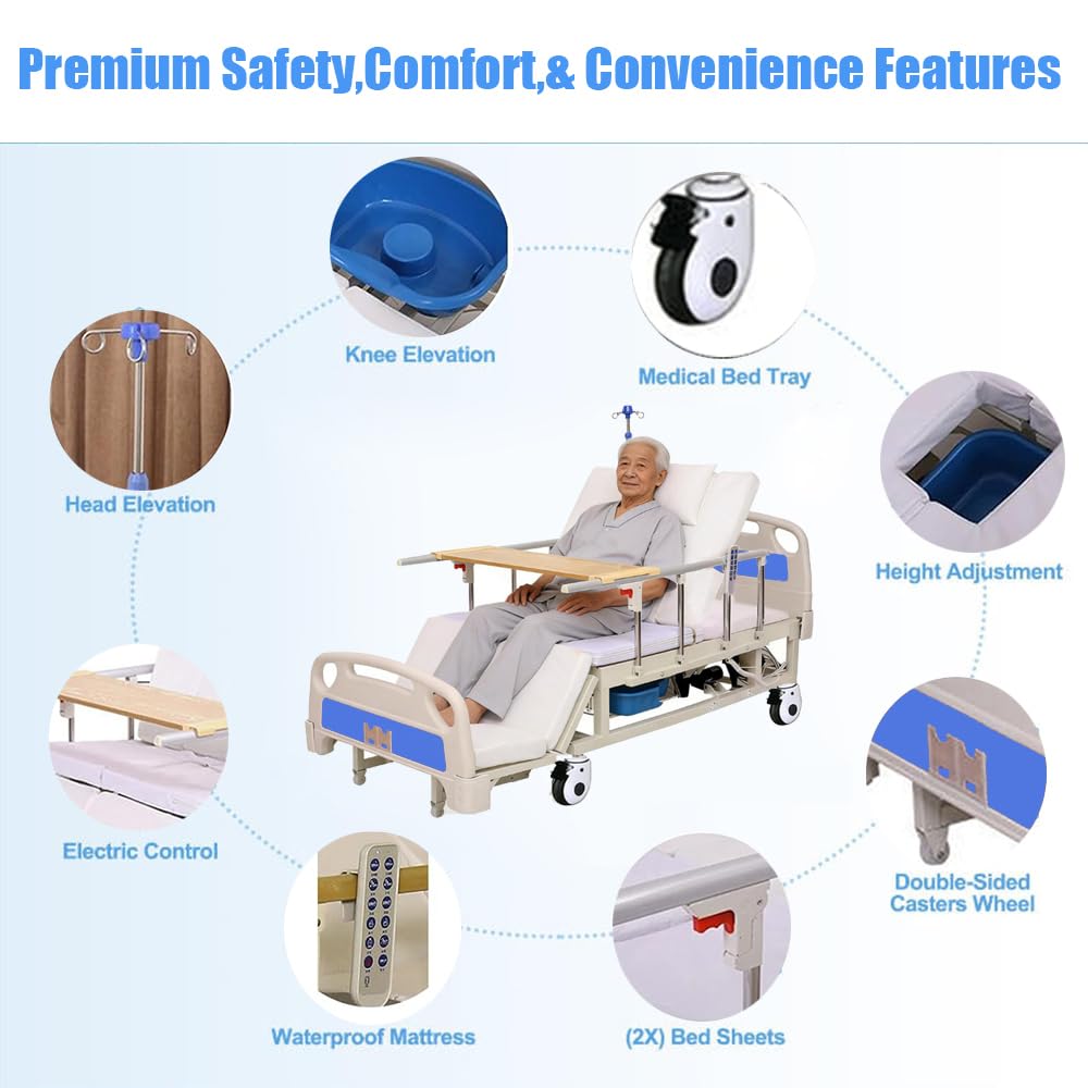Letto ospedaliero elettrico Premium per terapia intensiva, inclinazione laterale, letto medico elettrico con materasso e asta portaflebo, tavolo da pranzo e ruote da con freno (bed)