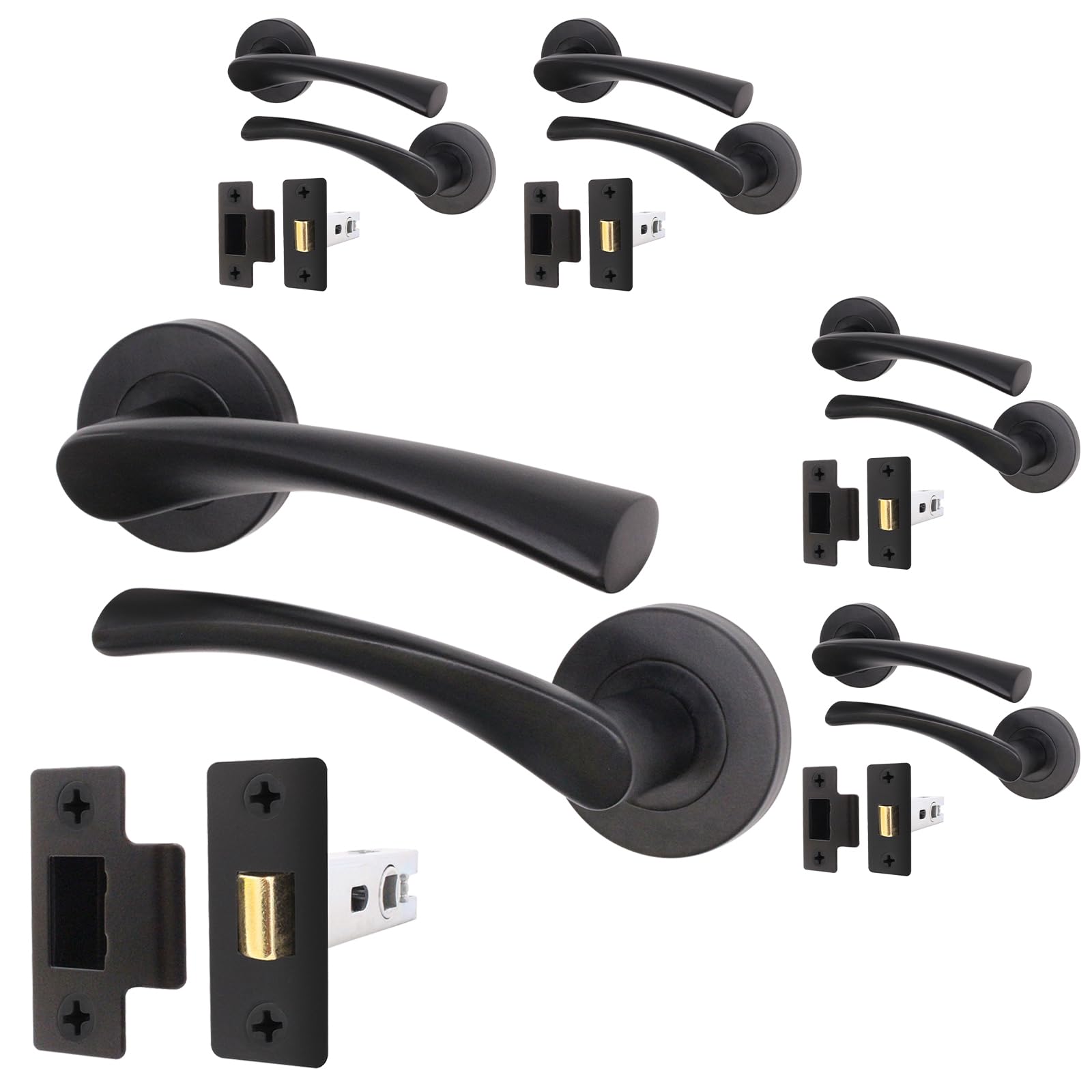EAI Black Door Handle Latch Set - Pack of 5 | Round Internal Door Handles & Latch (64mm) | Matt Black Lever on Rose Novoli Range