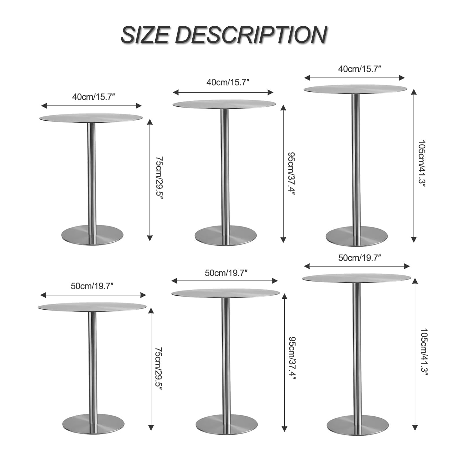 Table de bar ronde avec plateau en acier inoxydable argenté et base robuste, grande table ronde pour bar à cocktails, pub, café, thé, salle à manger, bistro, table d'extérieur/table d'appoint/patio, b