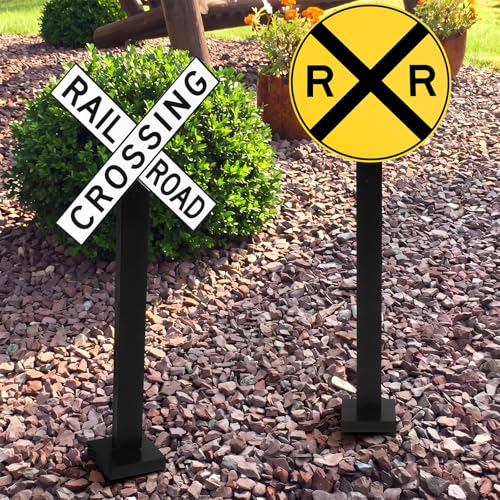 Yousoontic 2 Sets 30 Inch Tall Train Birthday Party Garden Decor Corrugated Plastic Railroad Crossing Sign with Wooden Stakes Chugga Chugga Two Two Party Decor Track Crossing Sign for Photo Booth Prop