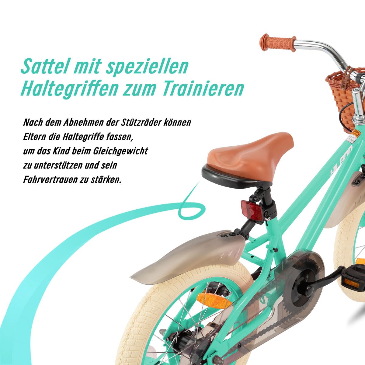 HILAND 14/16/18 Zoll Kinderfahrrad für Mädchen mit abnehmbaren Stützrädern, Handbremse und Rücktrittbremse, mit Korb, Mintgrün/Rosa