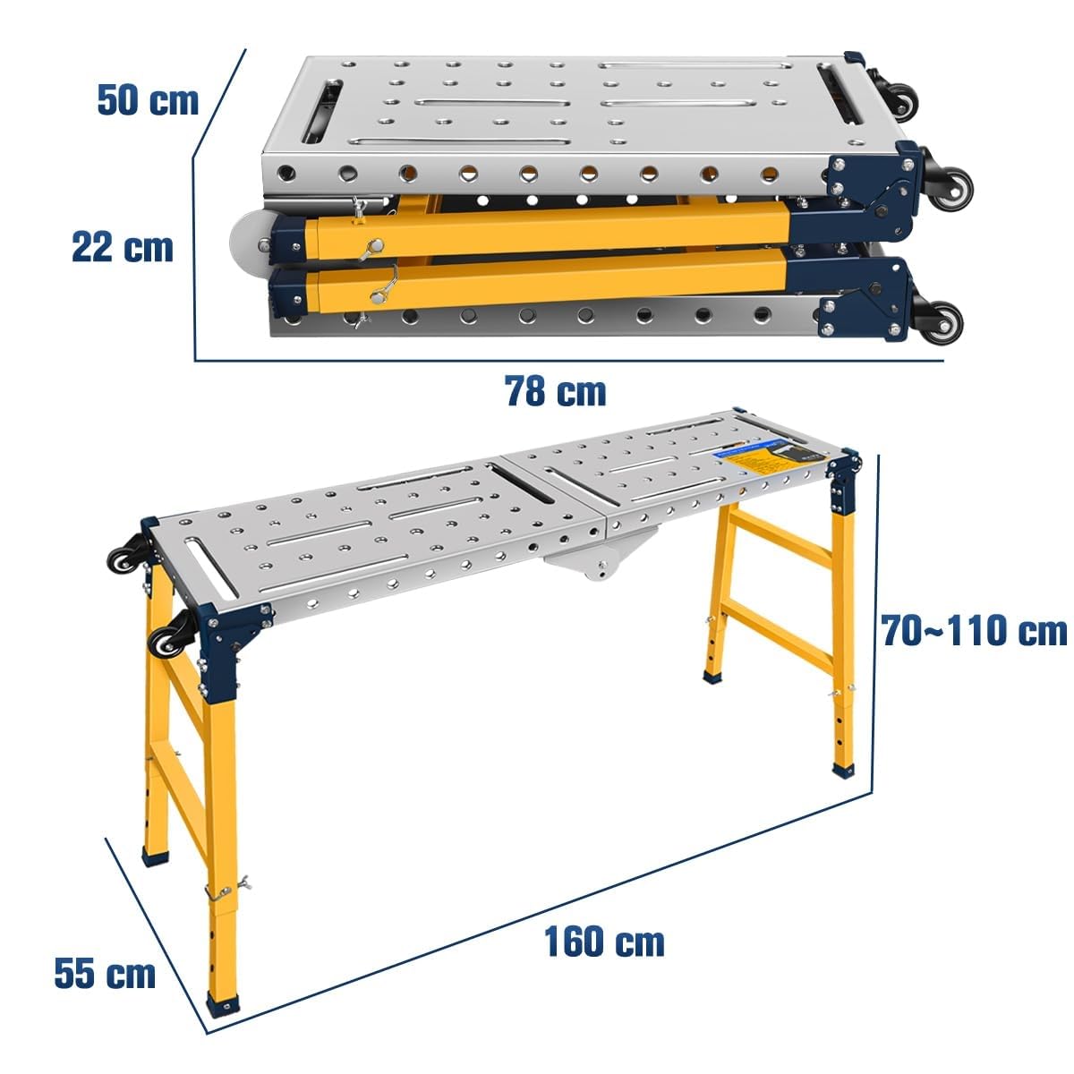 Plataforma de Trabajo Portátil Multifuncional de Aluminio con Capacidad de Carga de 500KG, Mesa de Soldadura Ajustable con Tablero Galvanizado de 36x140cm