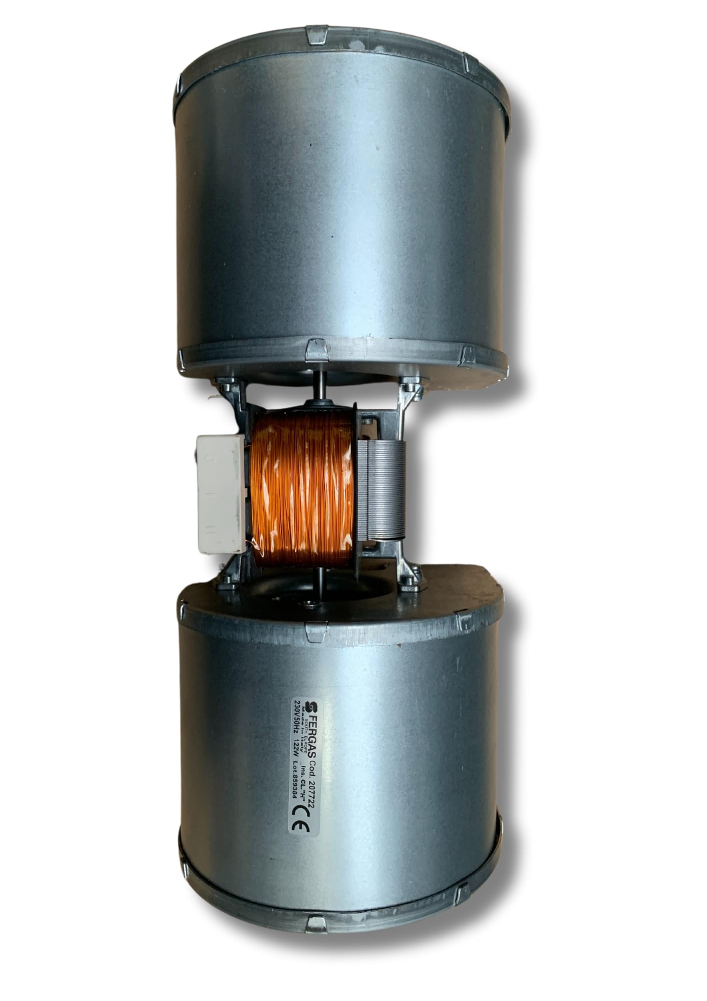Ventilatore centrifugo EMMEVI - FERGAS CFD-DA 80X83-35 cod. 207722 doppia aspirazione lunghezza totale 310 mm, dimensioni bocchetta 2 x 108x50 mm, per stufe a pellet