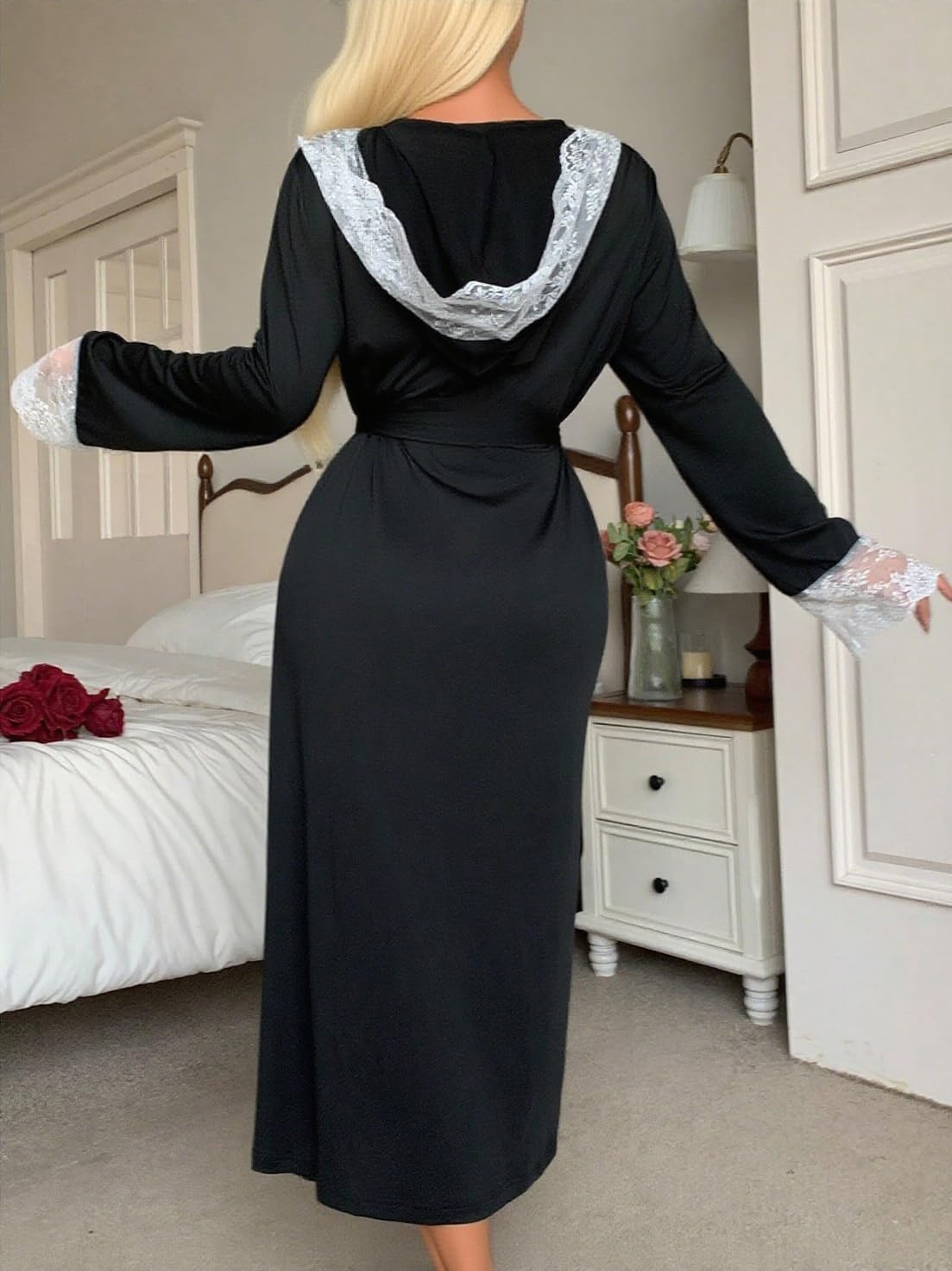 OYOANGLE Women's Hooded Long Robe Elegant Sexy Lace Patchwork Sleepwear Vacation Bride Wedding Robes - Image 2