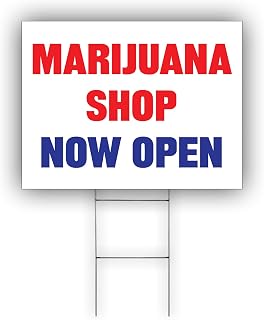Marijuana Shop Now Open Advertising Cannabis Dried Leaves Flowers, Stems, Seeds Lawn Garden Indoor Outdoor Decor Coroplast Yard Sign With H Stake 12"x18" Double Sided