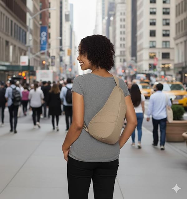 AmeriBag 15" Nylon Healthy Back Bag Ergonomic Crossbody Sling for Everyday Use, Travel & Walking Comfort (Taupe) by AmeriBag - Image 2