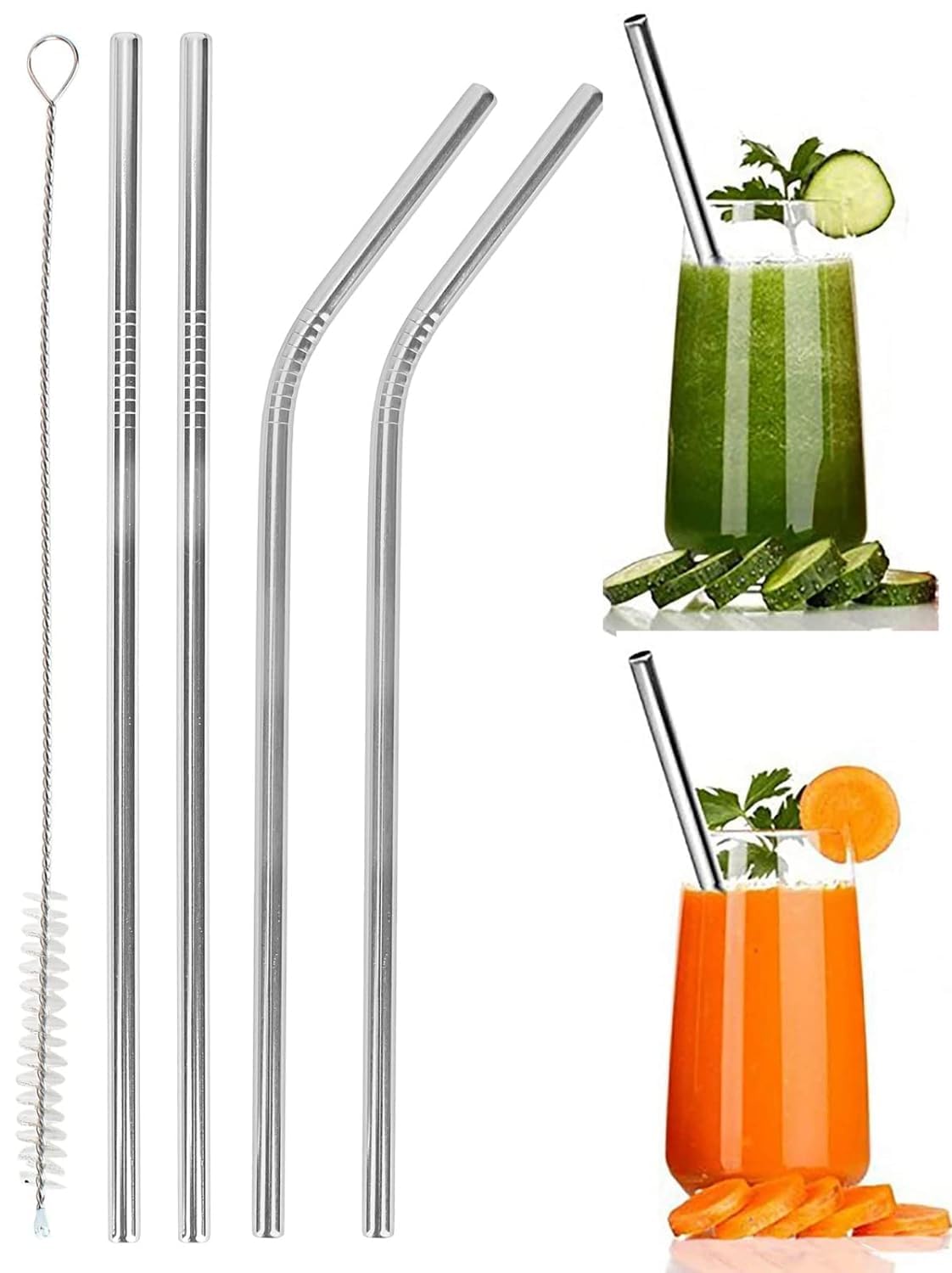 AKHANDDD Reusable Stainless Steel Straws for Drinking with Brushes 8.5 Inches, BPA-Free, Thick Metal, Long (2 Bent + 2 Straight + 1 Cleaning Brush) - Eco-Friendly, Durable, and Safe for All Beverages 1