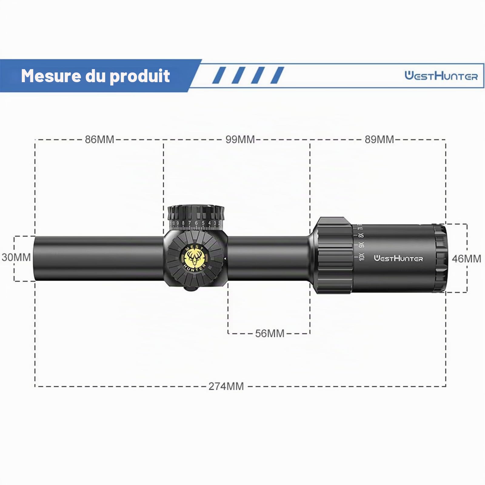 WestHunter Optics HD GEN2 1-10 x 24 IR LPVO Viseur télescopique, second plan focal (SFP), tube de 30 mm, grille éclairée, réglage 1/4 Moa de précision, indiqué uniquement pour les activités sportives