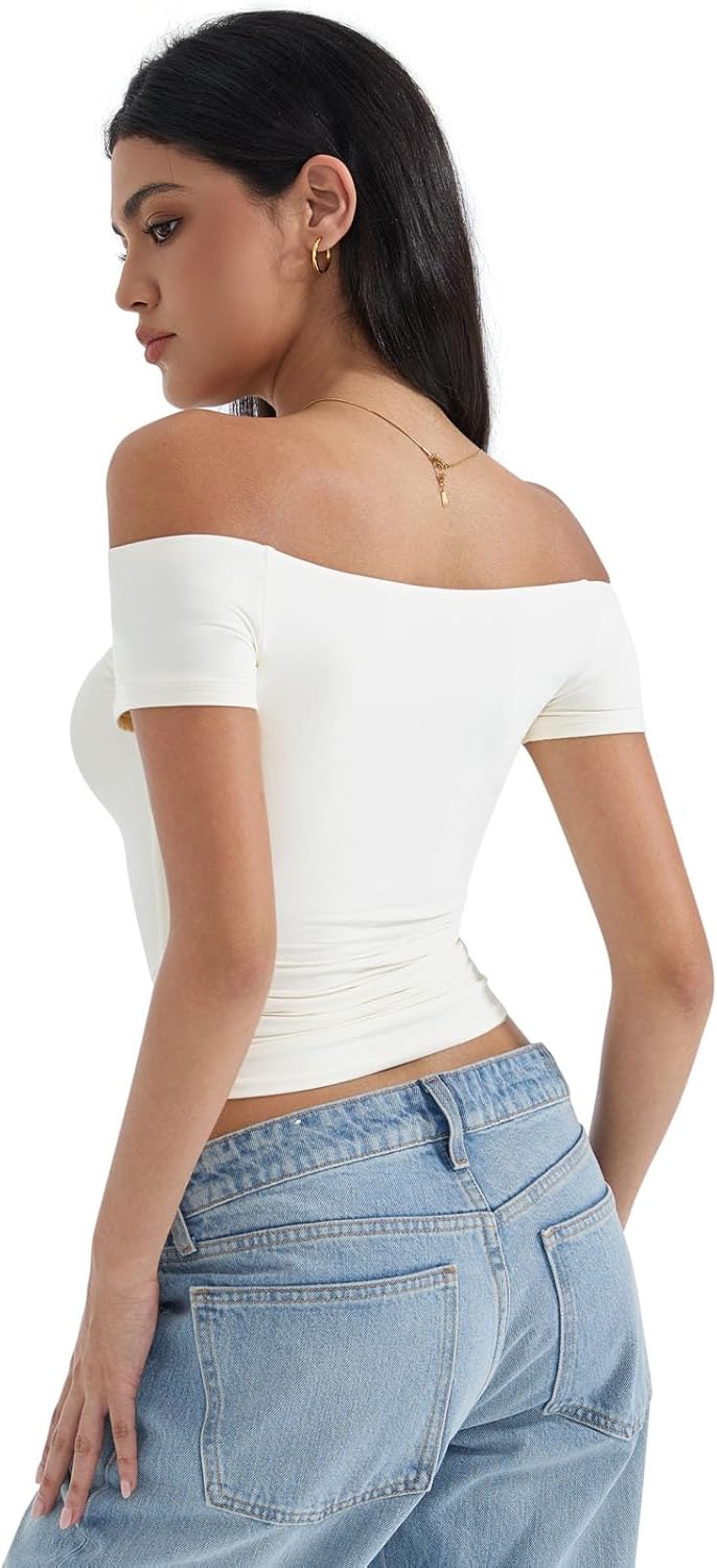 SUUKSESS Women Double Lined Off The Shoulder Tops Fitted Going Out Basic Shirts - Image 4