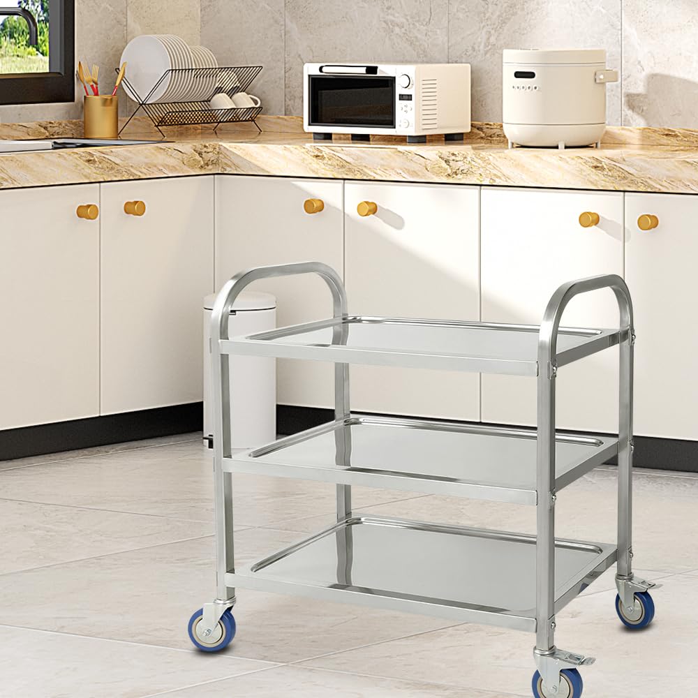 LANTUS Carro de servicio de cocina con ruedas de 3 estantes, carrito de servicio con ruedas, 95 x 55 x 95 cm, acero inoxidable. Cromado