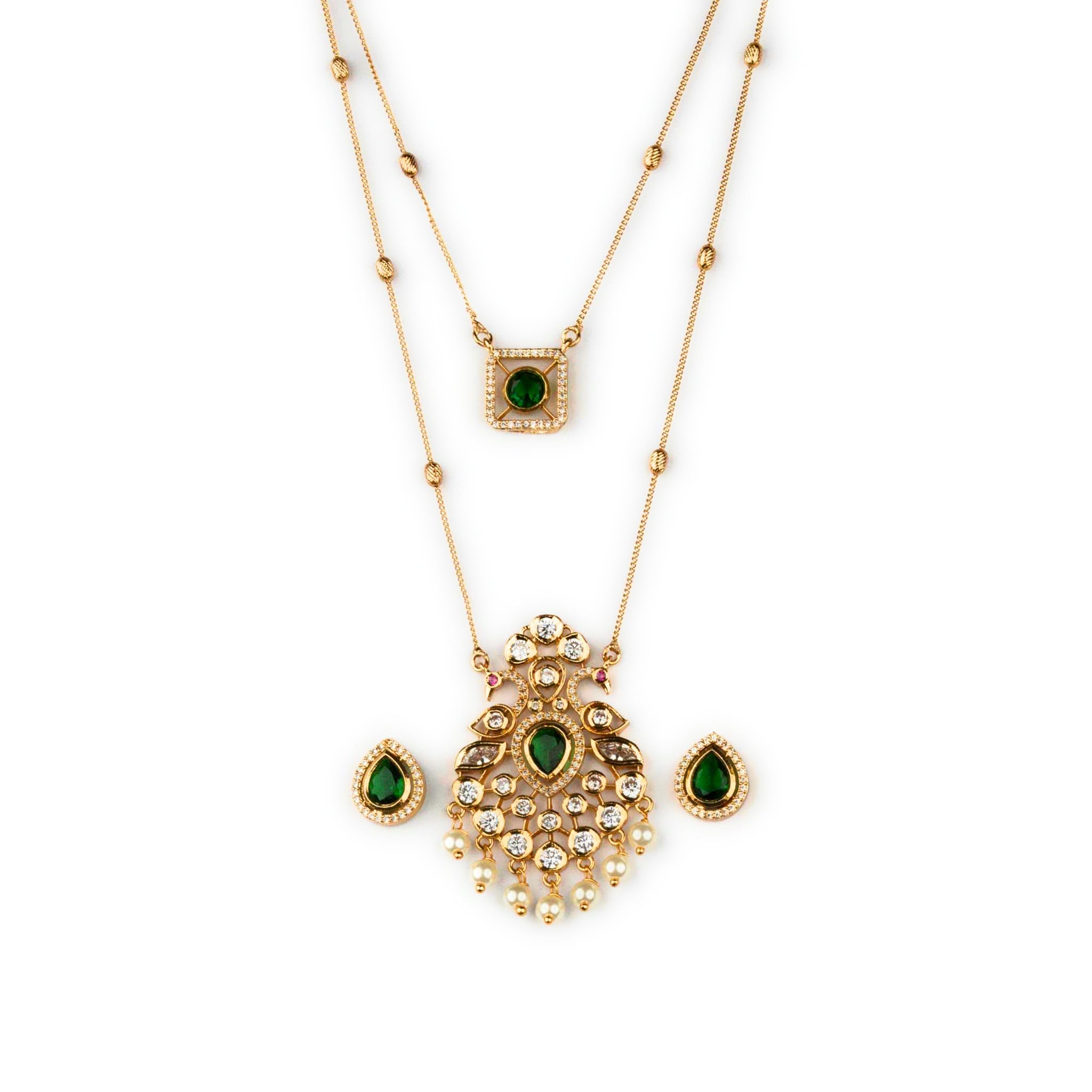 Pearl Peacock and Square Charm Dual Layer Matte Gold Chain Necklace Jewellery Set with AD Stones-image-48