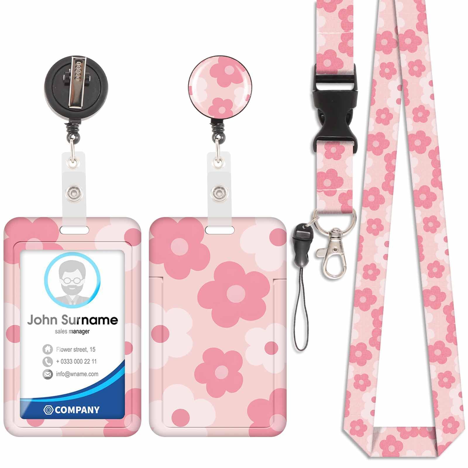 Badge Holder with Lanyard, ID Badge Holders with Detachable Cute Lanyard, Retractable badge Reel Carabiner Clip, Personalized Vertical Card Cover Case Protector for Nurse Teacher Student (Pink Flower)