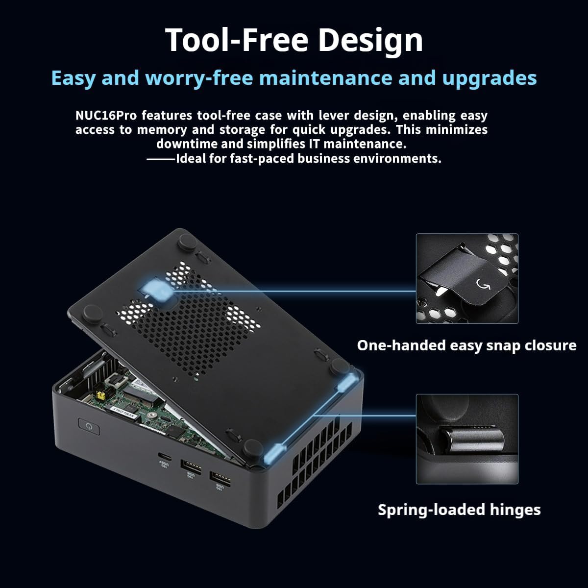NUC 16 Pro Mini PC NUC16GDKU7, procesador Intel Core Ultra 7 356H, Wi-Fi 7, Bluetooth 6.0, LAN Dual 2.5G, Thunderbolt 4, Negro, 144 mm x 117 mm x 42 mm (32 GB de RAM + 2 TB SSD) — view 7