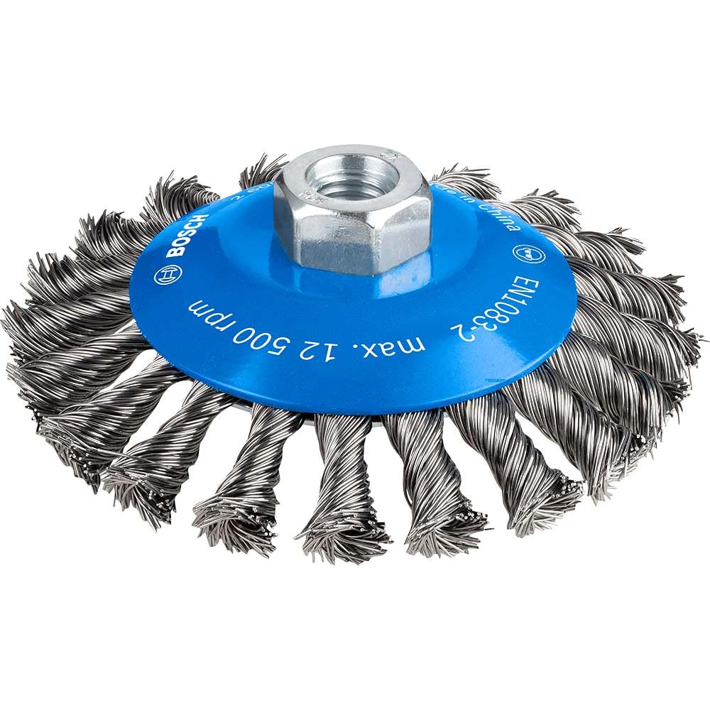 Bosch 1x PRO Steel Longlife Bevel Brush, Knotted Wire for Small Angle Grinder and M14 Thread (for Steel, Ø 115 mm, Professional Accessory Small Angle Grinder)