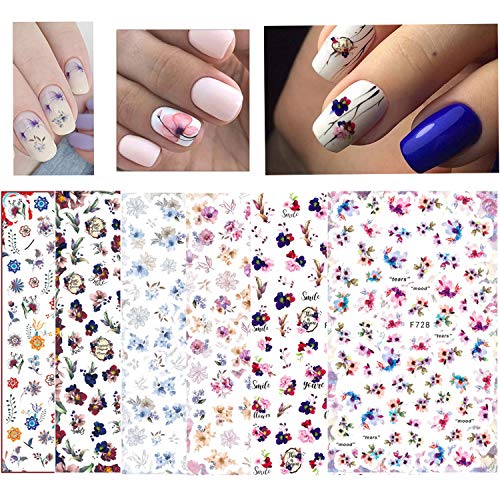 6 Sheets Fresh Flowers Nail Stickers Colorful Flower Nail Decals Sunflower Daisy Lily Leaf Nail Art Design for Women Nail Fingernails Manicure Decor Supplies 3D Self-Adhesive Nail Art Accessories