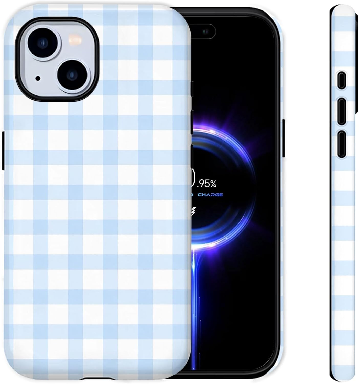 for iPhone 15 Case [Compatible with MagSafe] 2-Layer Hard Shell Glossy Rugge Shockproof Protection Phone Case, Blue Checkered Checkerboard