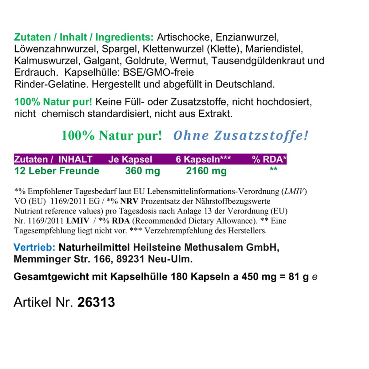 LEBER Vital Komplex 180 KAPSELN 12 Leberfreunde plus Leberkräuter Bitterkräuter Bitterstoffe MARIENDISTEL ARTISCHOCKE LÖWENZAHN WERMUT ENZIAN...100% NATUR pur. OHNE Zusatzstoffe 26313