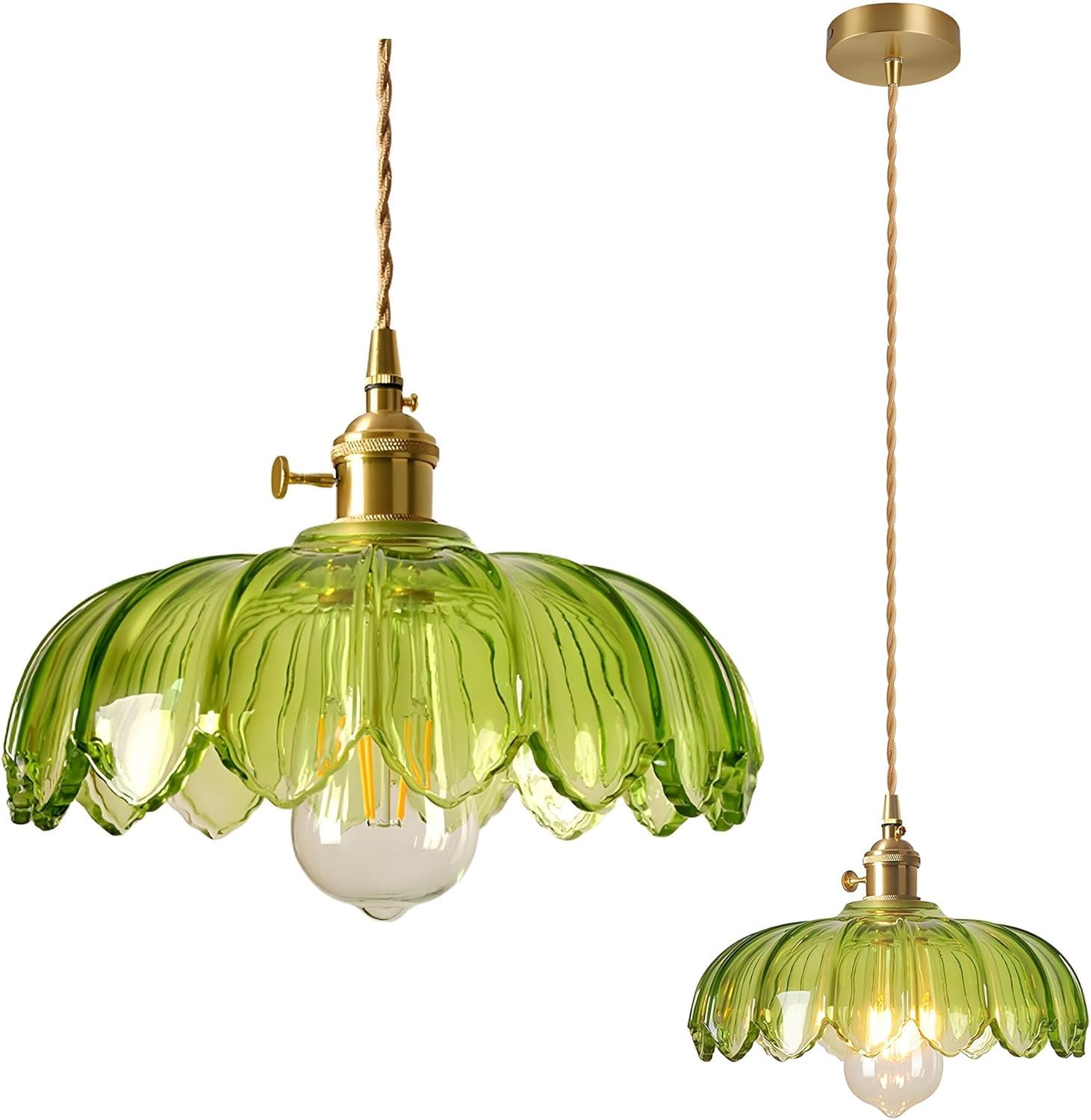 Nicrx Green 25Cm Industrial Vintage Pendant Lighting Fixture Glass Lotus Lamp Shade Pendant Light Chandelier E27 Brass Finish Ceiling Hanging Lamp (Green)