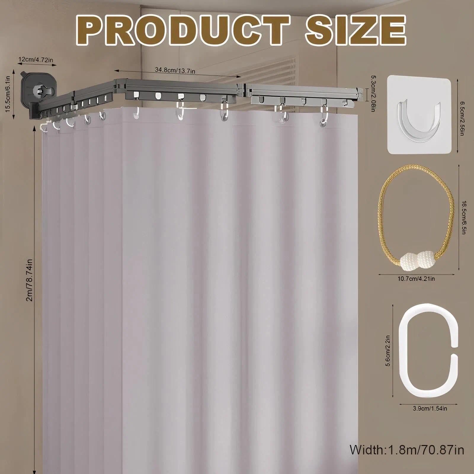 Cinq Directions Barre de Douche Pliable avec Rideau - Tringle de Douche en Aluminium à 5 Sections, Ventouses Incluses - Idéale pour Salle de Bain, Chambre, Balcon et Angle de Baignoire