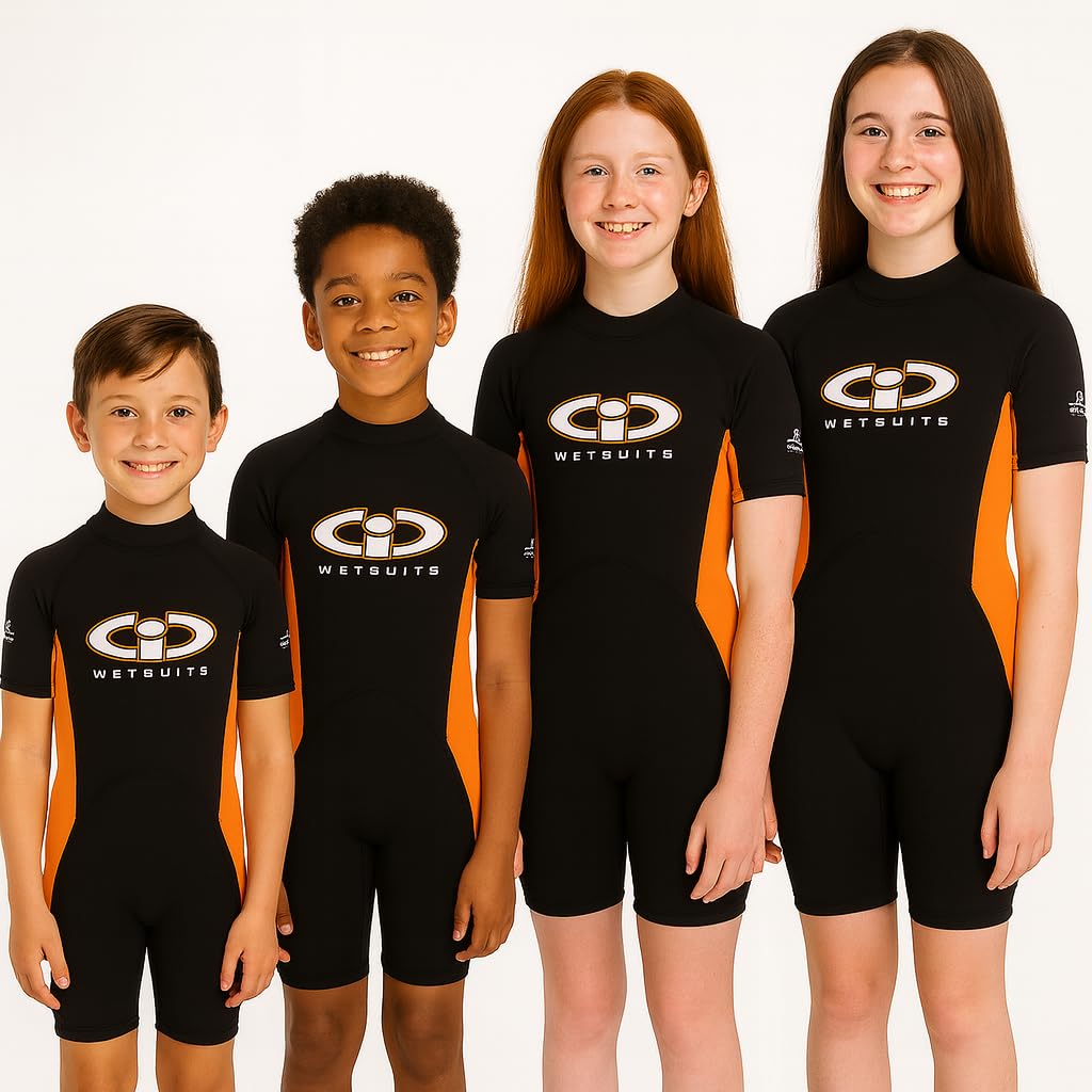 TWF Childs 3mm CIC Titanium Shortie wetsuit (Black/Sunshine Orange, Age 5-6)