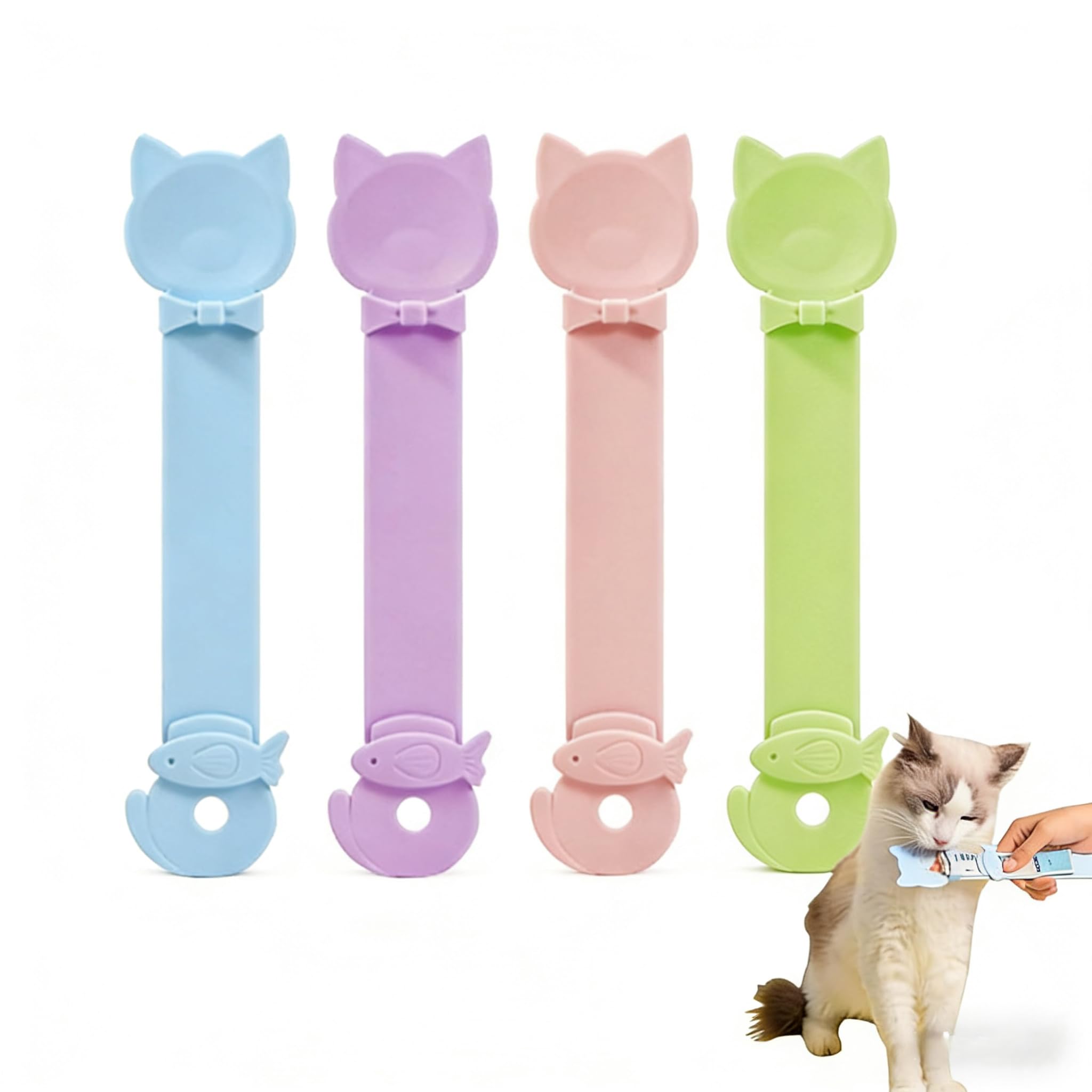 Set 4 Cucchiai per Alimentazione Gatti – Cucchiaio da Spremere per Snack e Cibo Umido, Dispenser Multifunzionale a Forma di Gatto, Utensile per Purè, Leccatine e Gatto, Facile da Pulire, 6,3 × 26,5 cm