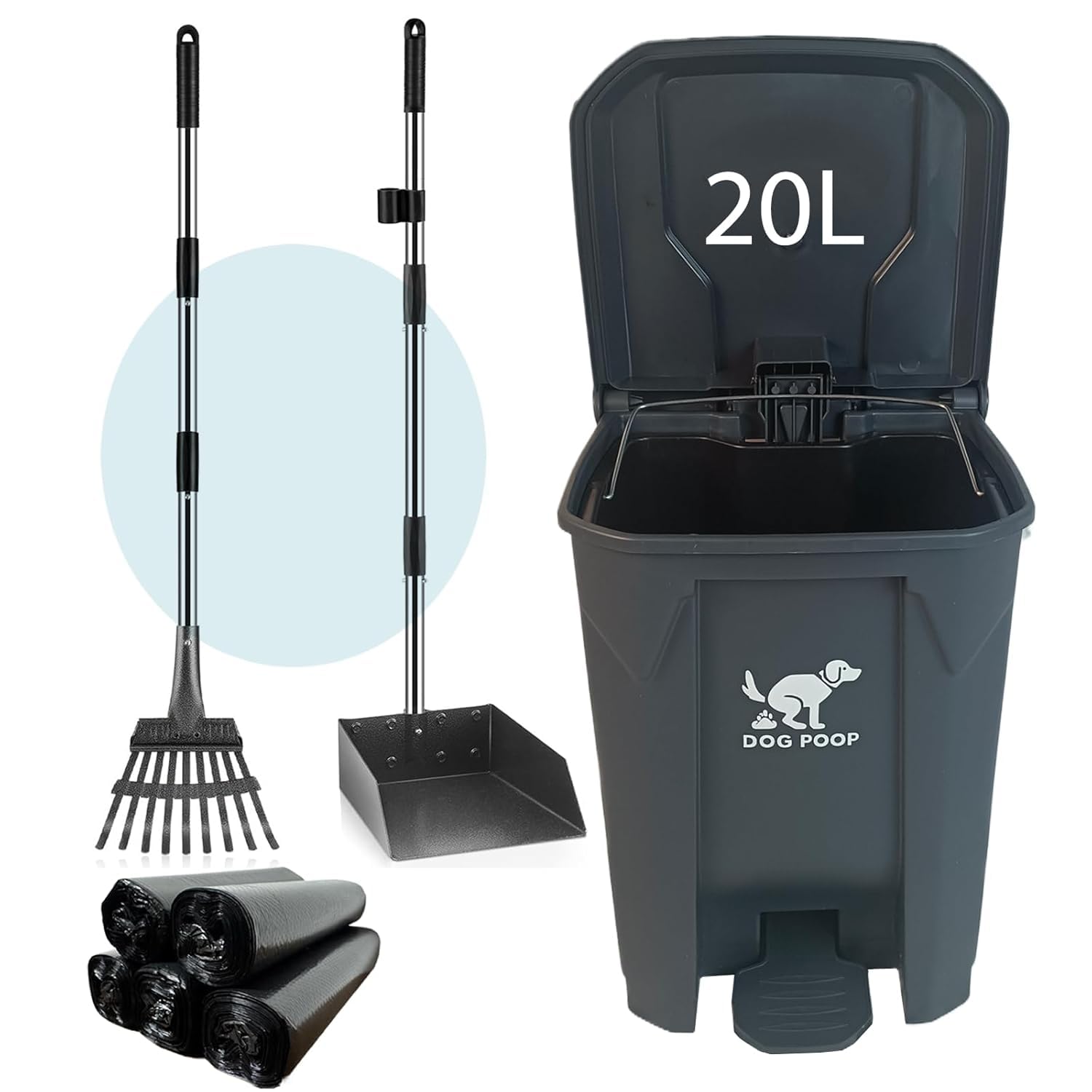 Poubelle à déjections canines de 20 l avec pédale, 100 sacs étanches, râteau et pelle à poussière en acier inoxydable – Solution d'élimination des déjections canines toutes saisons pour