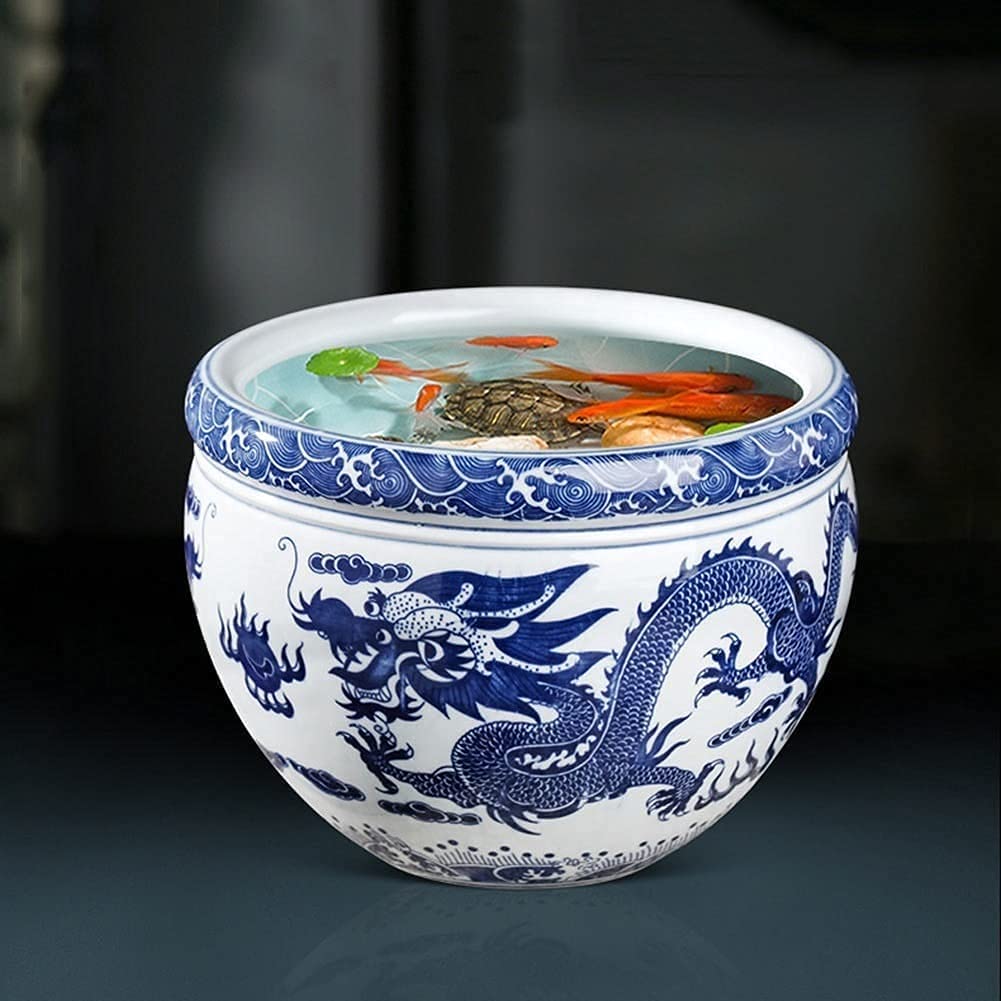 Porcelanowa Niebiesko-Biała Misa Dla Rybek, Misa Dla Rybek Z Chińskim Wzorem Smoka, Ceramiczna Doniczka Na Kwiaty, Dekoracja Hydroponiczna, Doniczka Na Żonkila,22.5cm