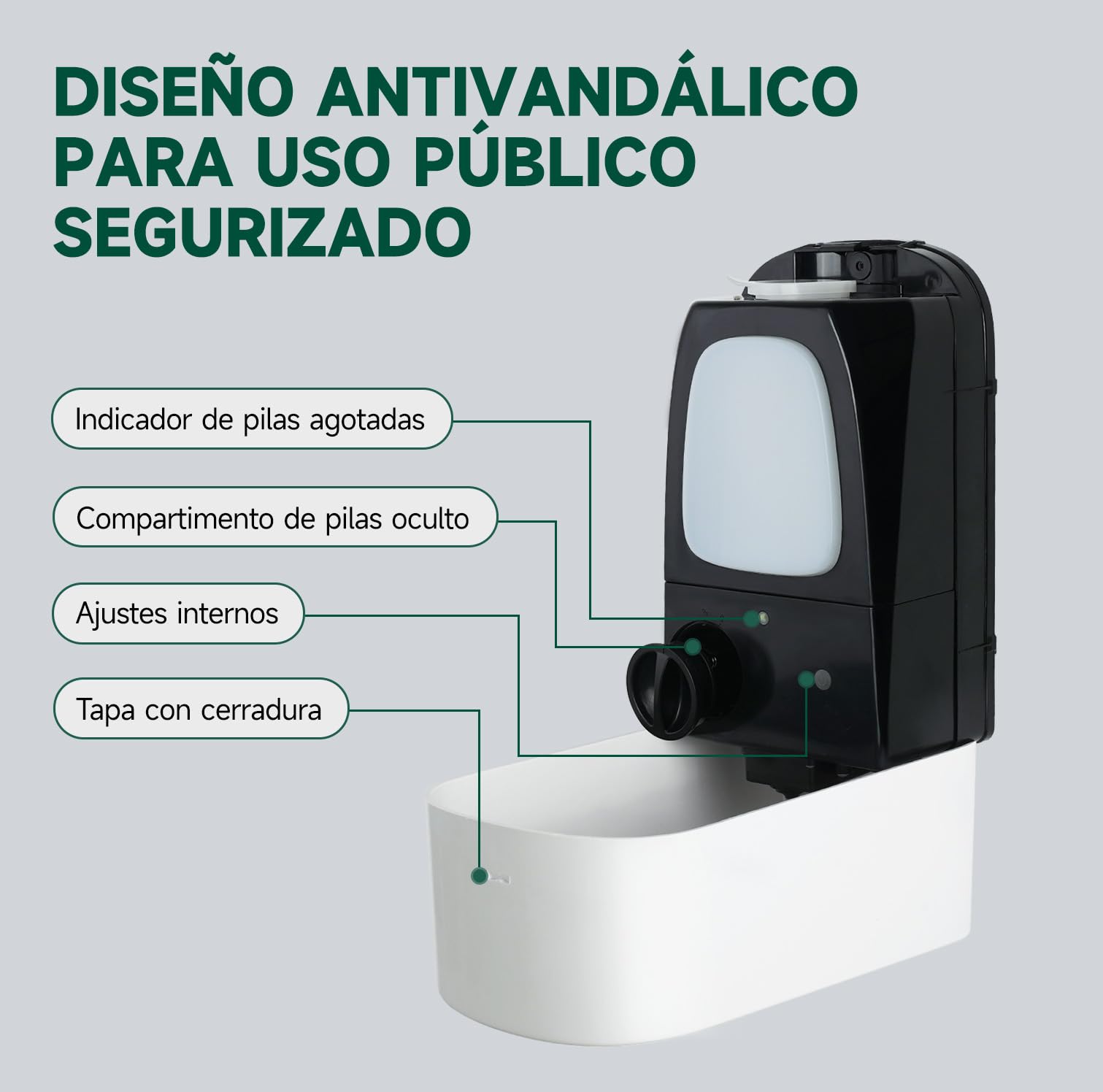 anydry Dispensador automático de jabón líquido Profesional de 1000 ml, Montaje en Pared, sin Contacto, para baños con Alto tráfico, oficinas, hospitales, Modelo 1220S Weiß