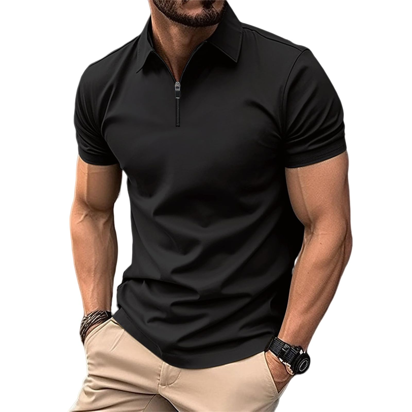 Men's Golf Polo Shirts Classic Quarter Zipper Shirts Lapel Collar Pullover Tops Fashion Muscle Fit Athletic Tops