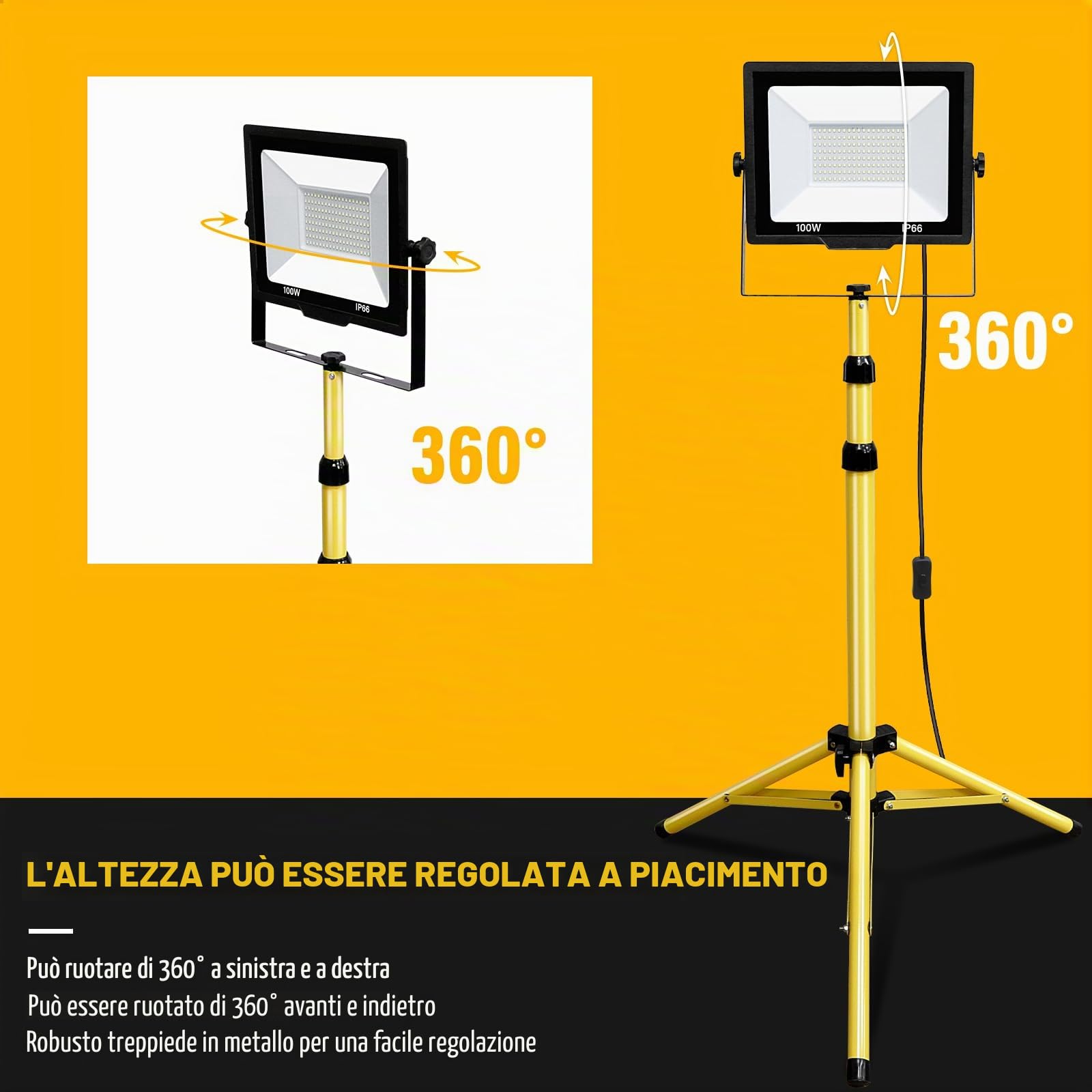 Willpower Treppiede Faretto da Cantiere 100W Faro da Lavoro LED Esterno | Faro LED 10,000LM, Con Spina, 6000K Bianco, Impermeabile IP65, Proiettore LED per Interni Officina Garage Industriale