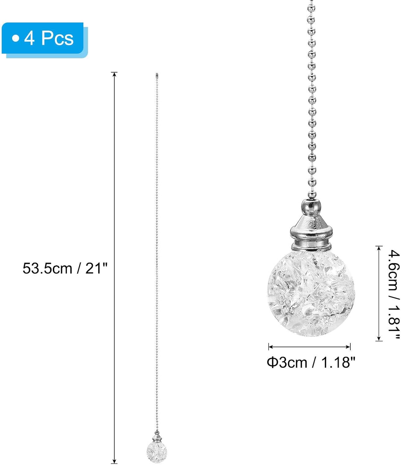 Home and Garden Parts 4Pcs 21" Ice Crack Ball Ceiling Fan Pull Chain Extender Set Clear #CN/251024/07336