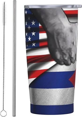 Taza divertida de acero inoxidable con bandera de Estados Unidos y Cuba, taza de agua de acero inoxidable 304 con pajita, 20 onzas, 20.3 fl oz,