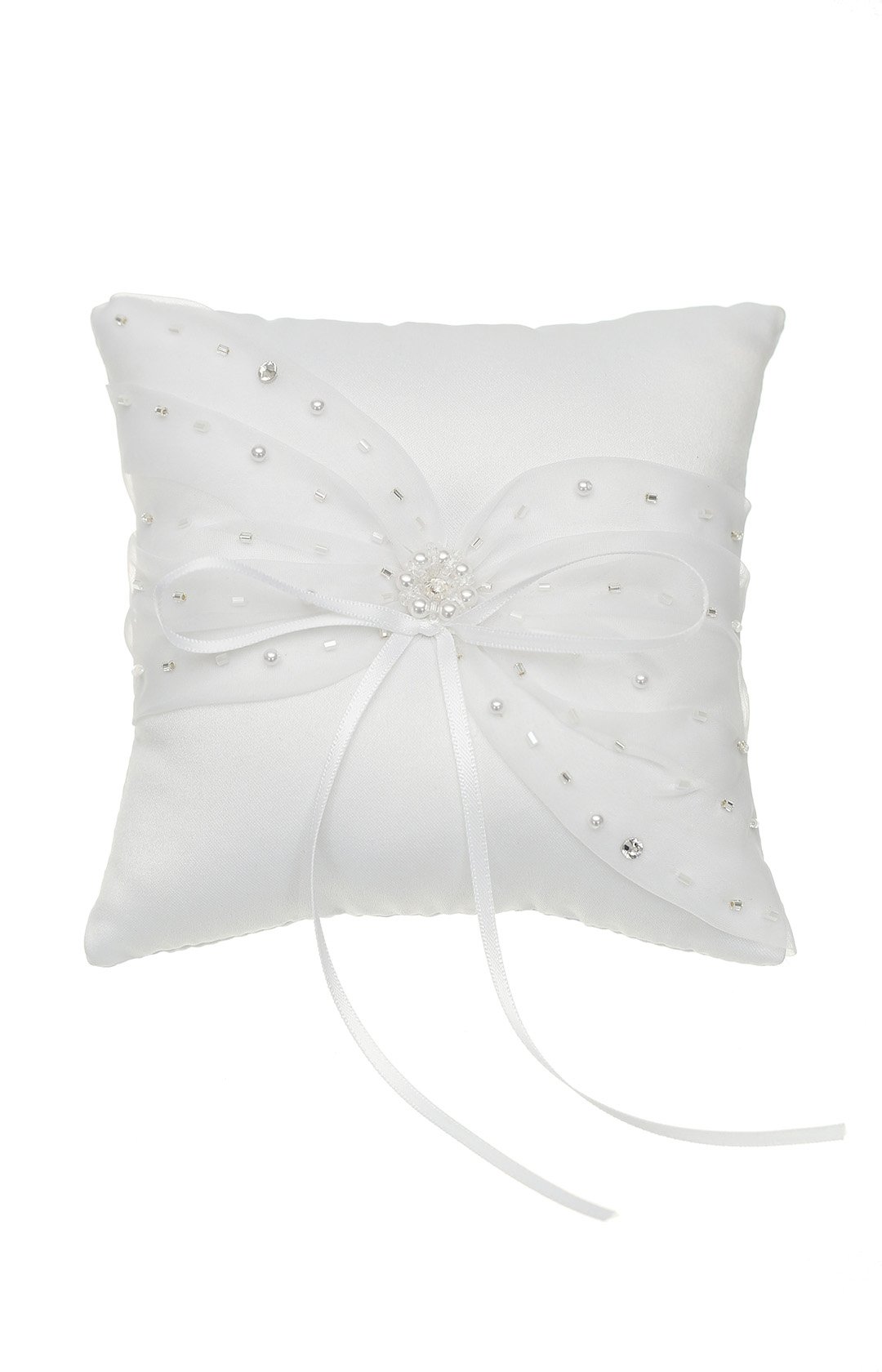 SAMKY Crystal Beads Lace Bow Wedding Ring Bearer Pillow 6.5 Inch x 6.5 Inch - White RP015W