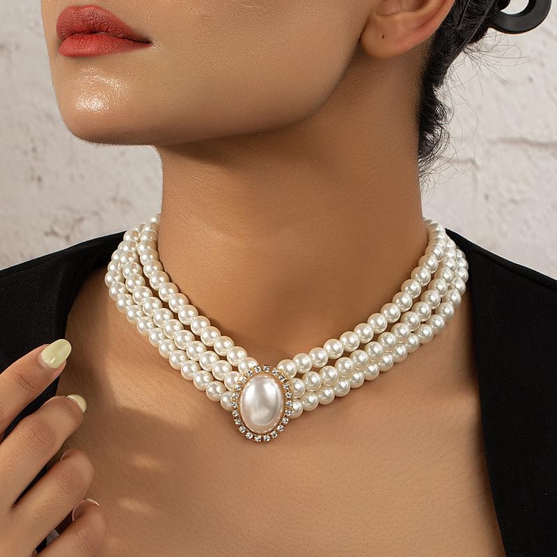 YERTTER Multi Layered Pearl Choker Necklace Set Rhinestone Pearl Pendant Chain Collar Choker Necklace for Women (Style 4) - Image 2