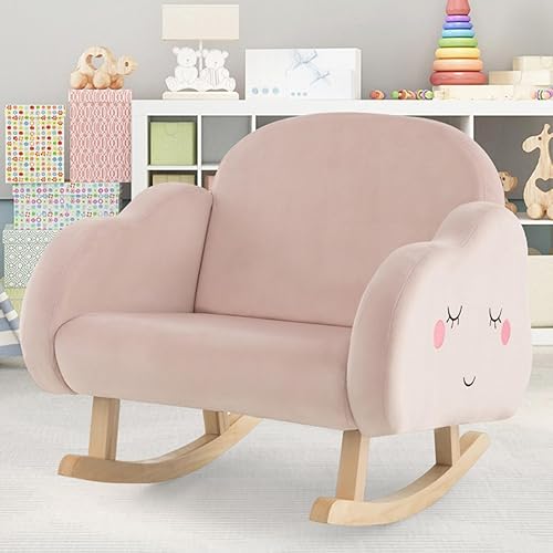 Miniatura 1 de Mecedora con marco de madera maciza, diseño antivuelcos, tela de felpa, sillón para guardería, jardín de infantes, sala de juegos, preescolar,