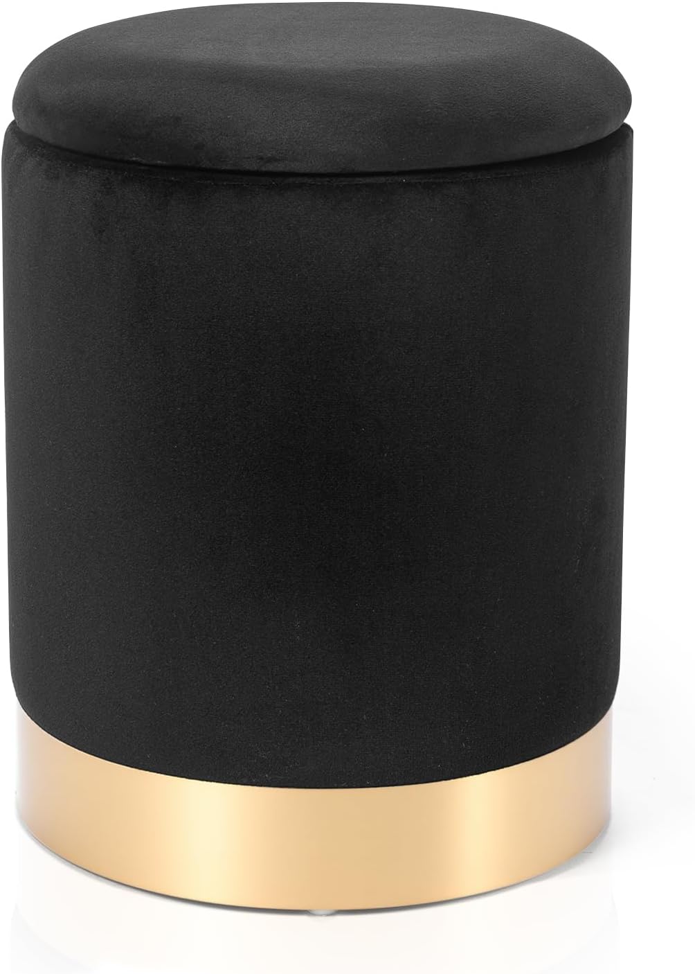 Joveco Round Storage Ottoman Footrest with Removable Lid, Velvet Upholstered Footstool with Gold Plating Base for Living Room Bedroom (Black)