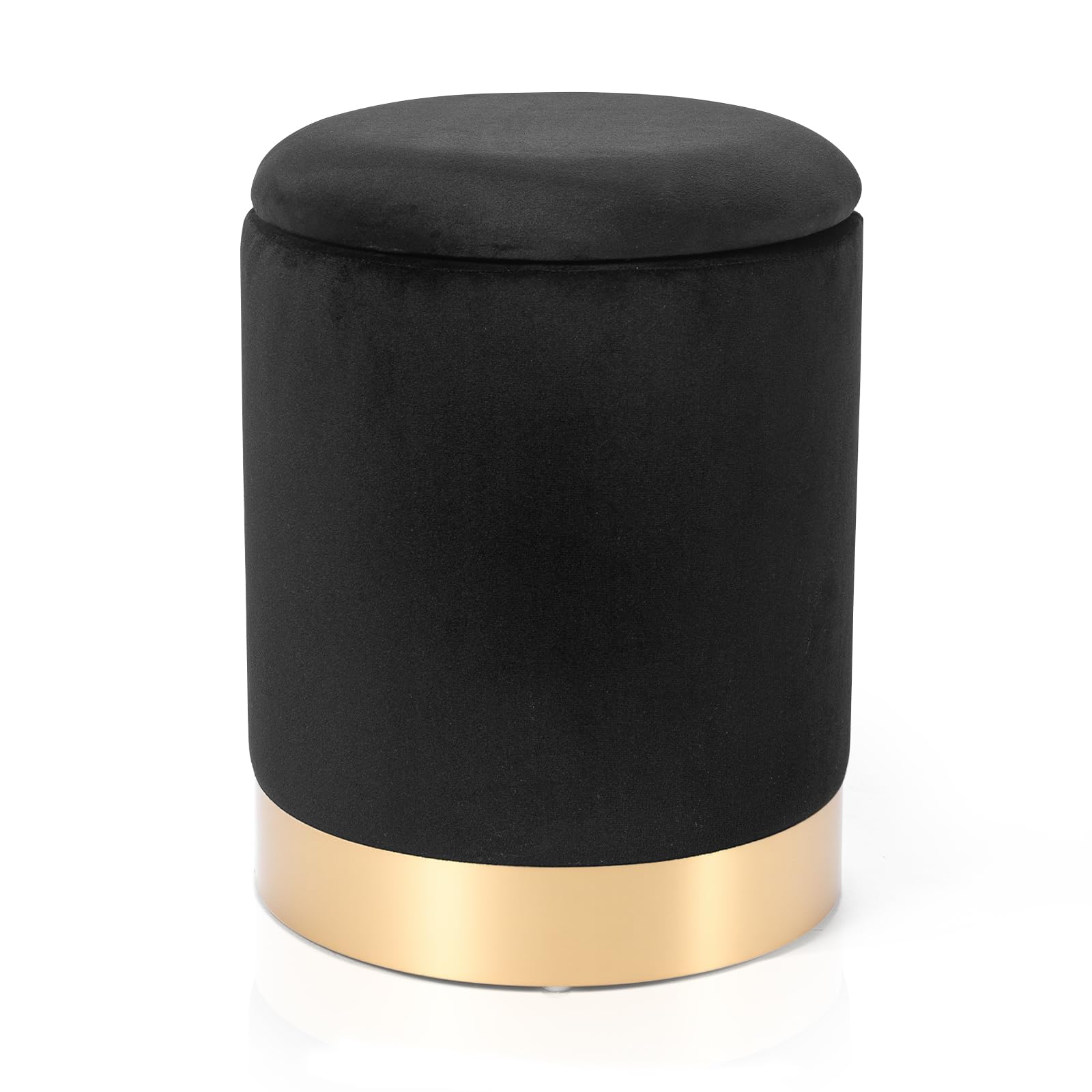 Joveco Round Storage Ottoman Footrest with Removable Lid, Velvet Upholstered Footstool with Gold Plating Base for Living Room Bedroom (Black)